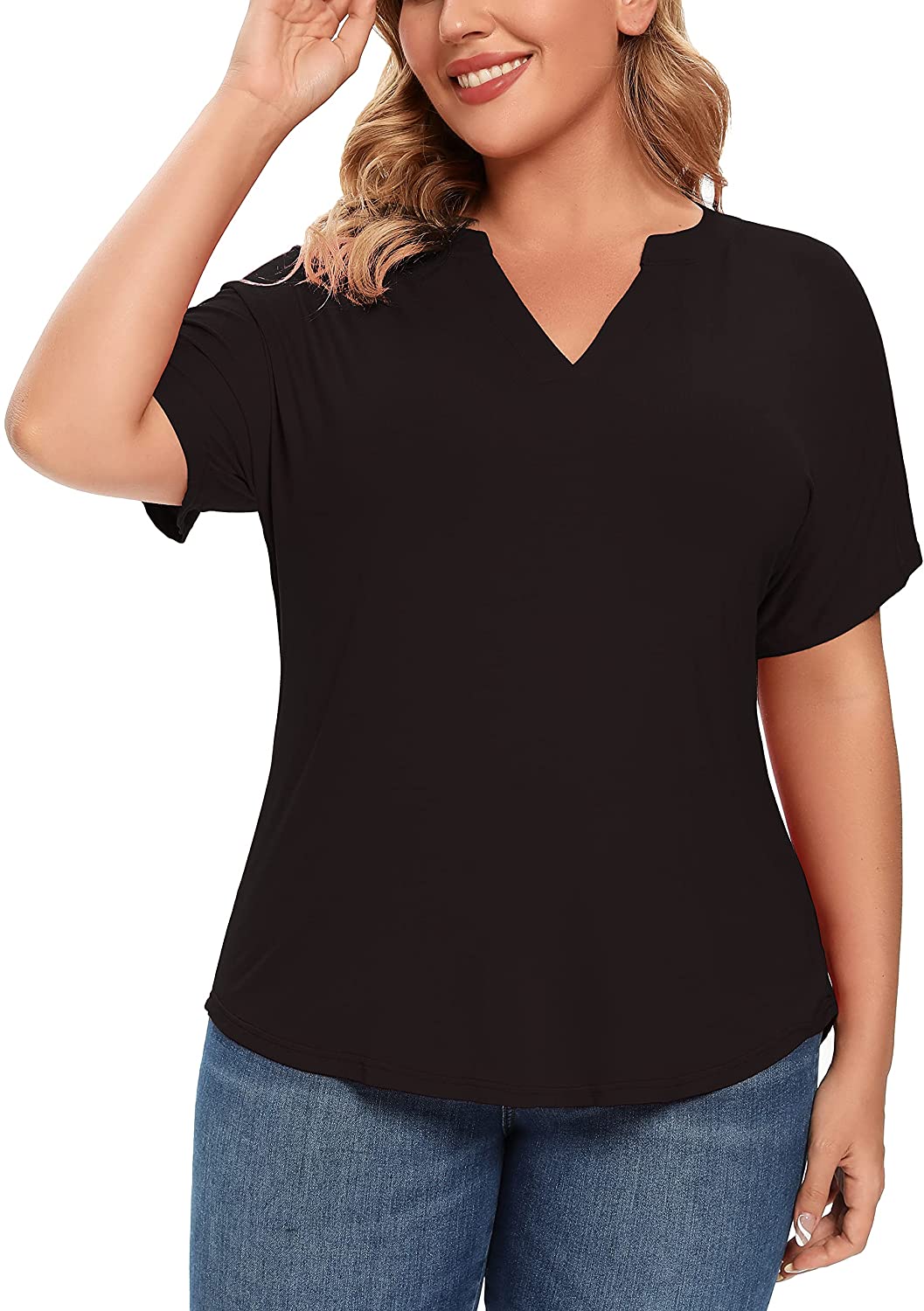 Price:$11.99 Womens Plus Size Batwing Short Sleeve Pullover Henley T-Shirt Casual Tops Summer Blouse at Amazon Women’s Clothing store