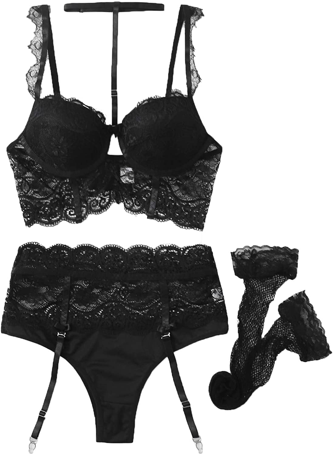 Price:$19.99 Women's Floral Lace Underwire Bras Lingerie with Garter Belt and Stockings Sets: Clothing, Shoes & Jewelry