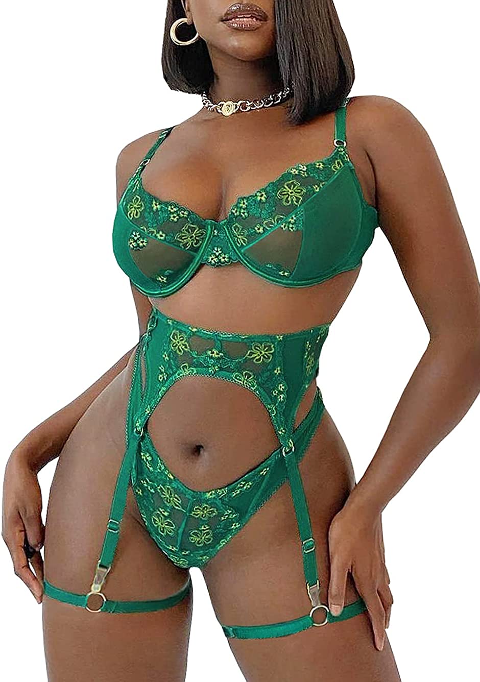 Price:$17.99 Floral Embroidered Lace Sheer,Underwire,Thong,Thigh Straps,Garter Belt Lingerie: Clothing, Shoes & Jewelry