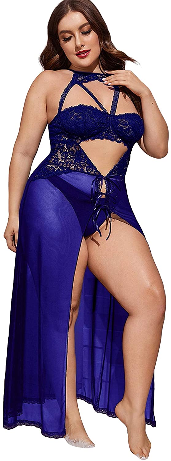 Price:$18.99 Women's Plus Size Sexy Lace Sleeveless Split Long Mesh Lingerie Dress at Amazon Women’s Clothing store