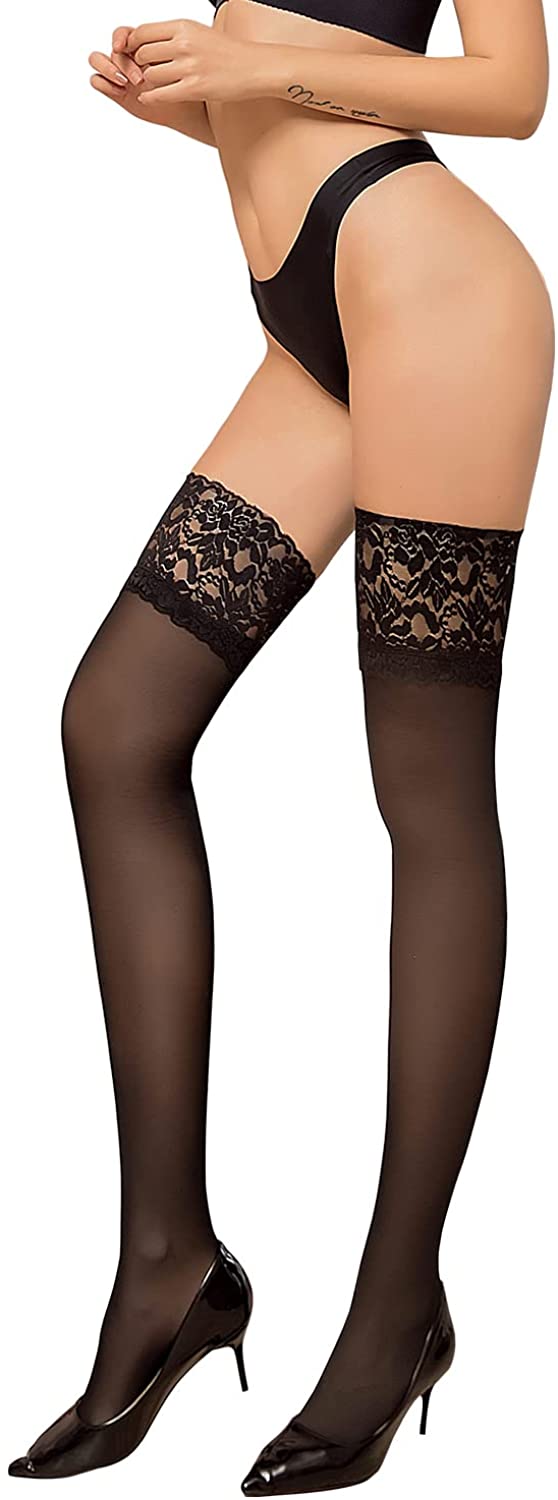 Price:$7.68 High Stockings Silicone Lace Sheer TightsStay Up Nylon lingerie Pantyhose For Woman at Amazon Women’s Clothing store