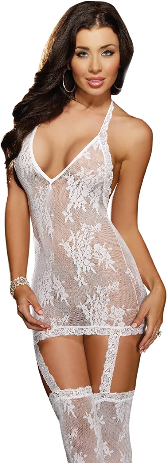 Price:$19.99 Women's Florence Halter Dress with Garter and Stockings, White, One Size: Adult Exotic Lingerie Sets: Clothing, Shoes & Jewelry