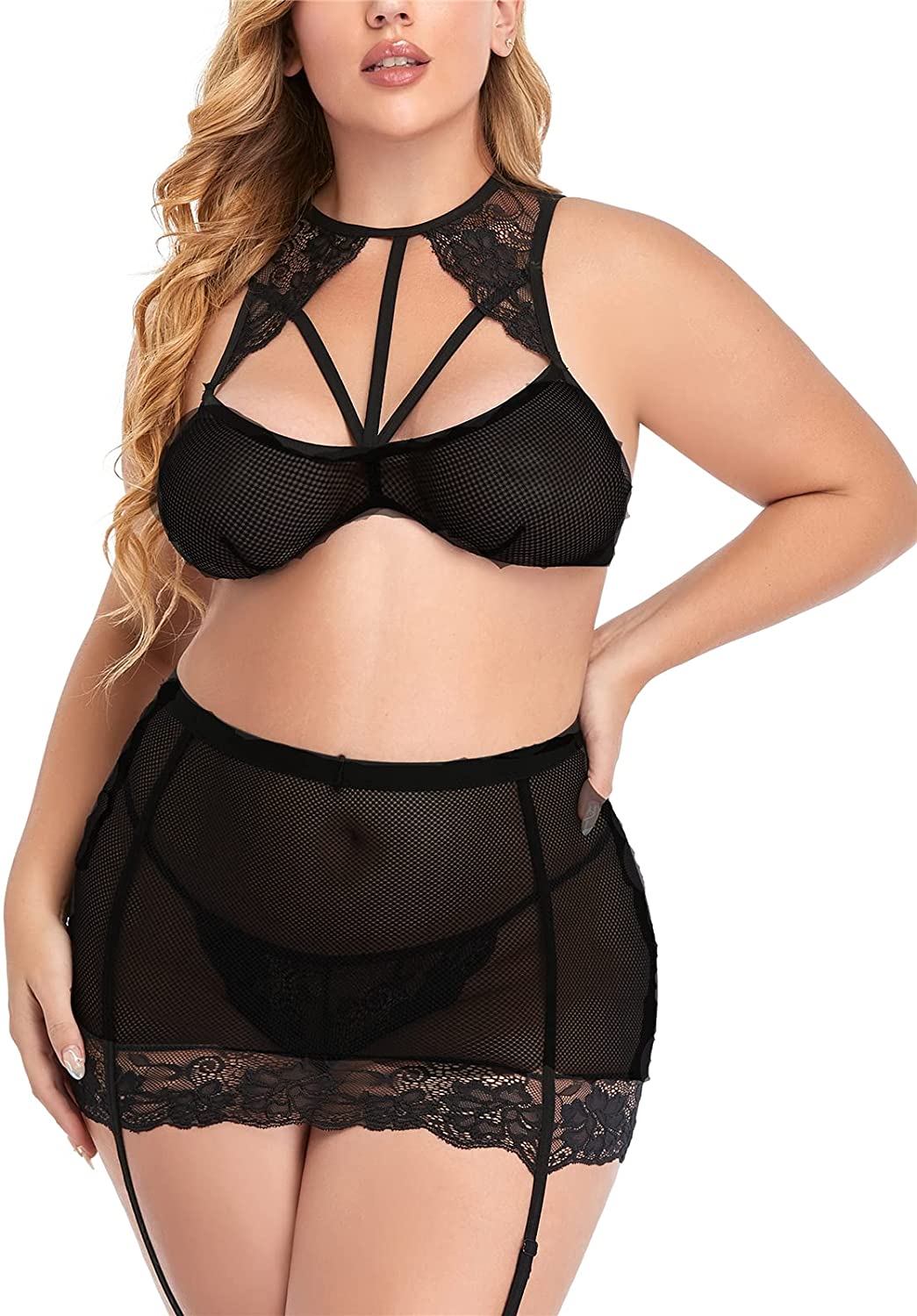 Price:$15.88 Lover Plus Size Lingerie Set for Women,Sexy Fishnet Cup 3 Pieces Underwear High Waist Garter Belt G-String : Clothing, Shoes & Jewelry