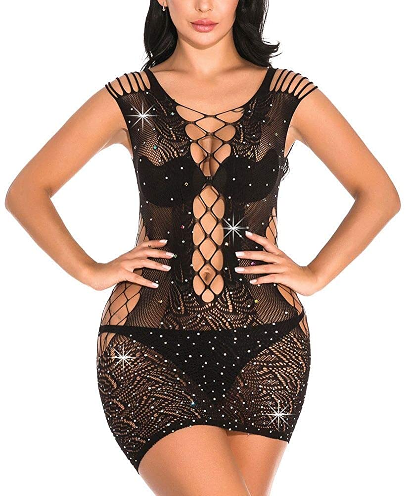 Price:$9.62 Rhinestone Mini Dress Women's Sexy Lingerie Babydoll Hollow Out Chemise Black at Amazon Women’s Clothing store
