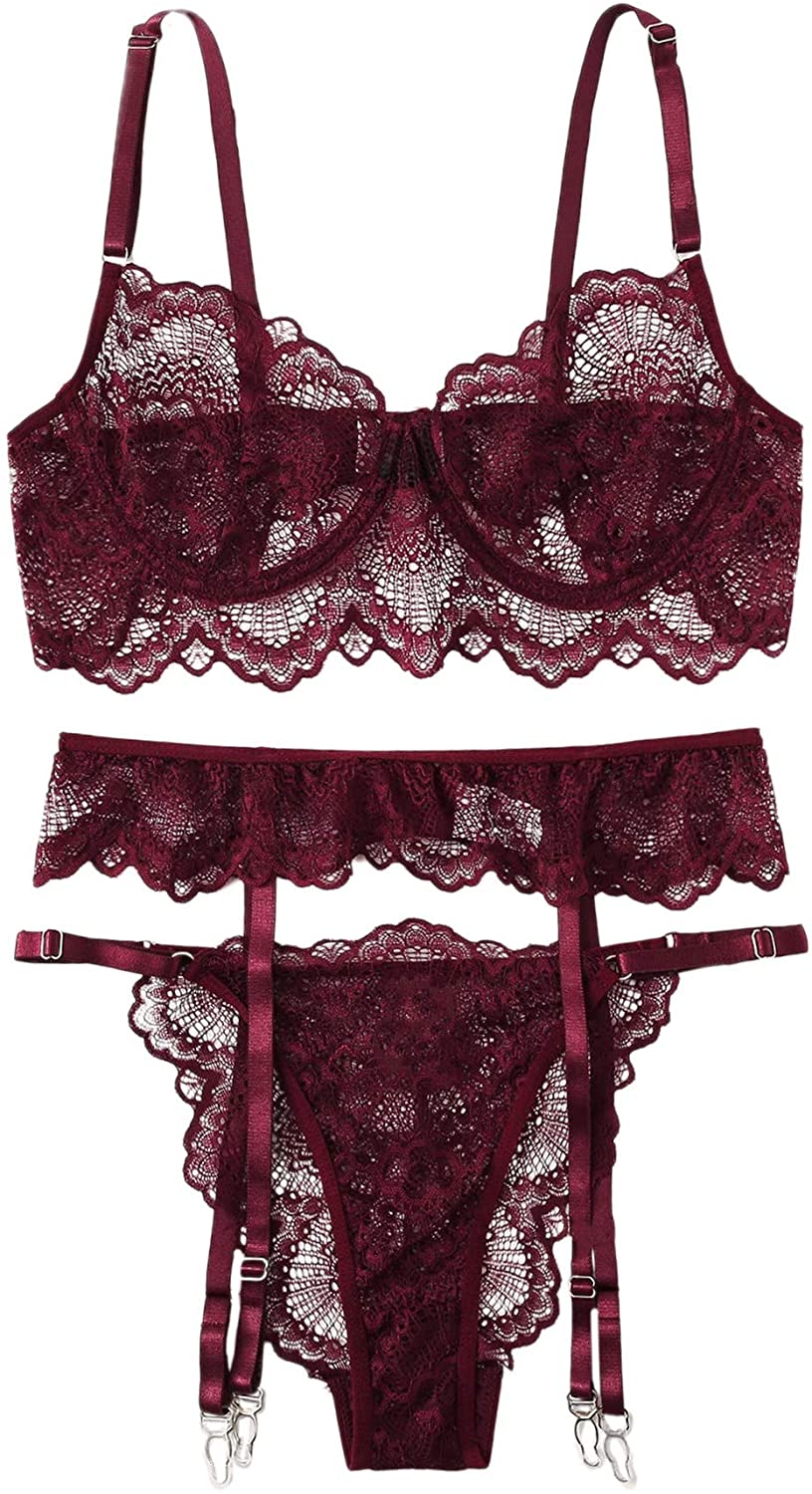 Price:$16.99 Women's 3 Piece Floral Lace Lingerie Set with Garter Belts Sexy Bra and Panty: Clothing, Shoes & Jewelry