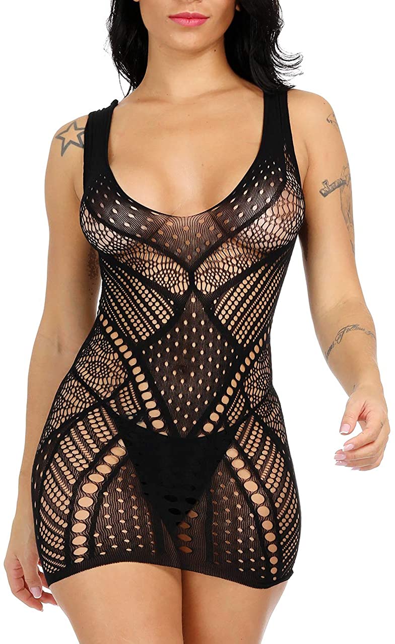 Price:$8.99 Women Sexy Fishnet Lingerie V-Neck Babydoll Bodysuit Strapless Mesh Chemise Mini Dress One Size Black : Clothing, Shoes & Jewelry