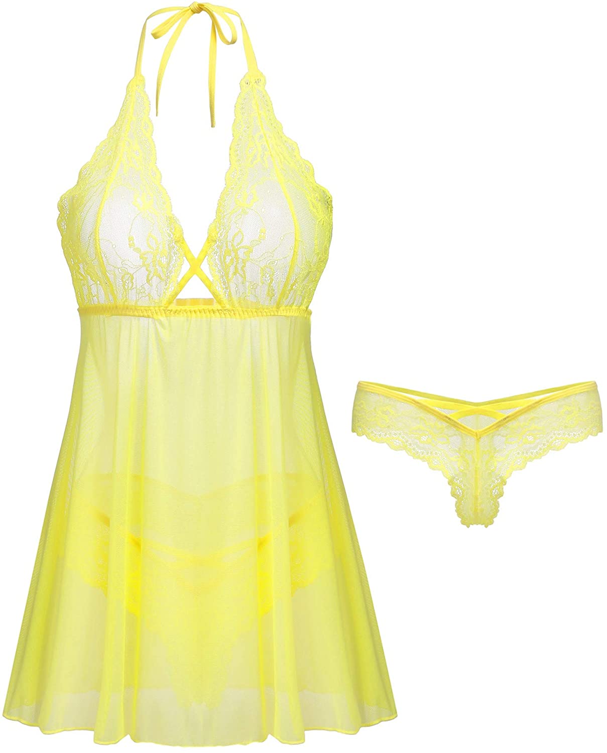 Price:$16.99 Sexy Lace Babydoll Lingerie Halter Sheer Mesh Nightie S-XXXL at Amazon Women’s Clothing store