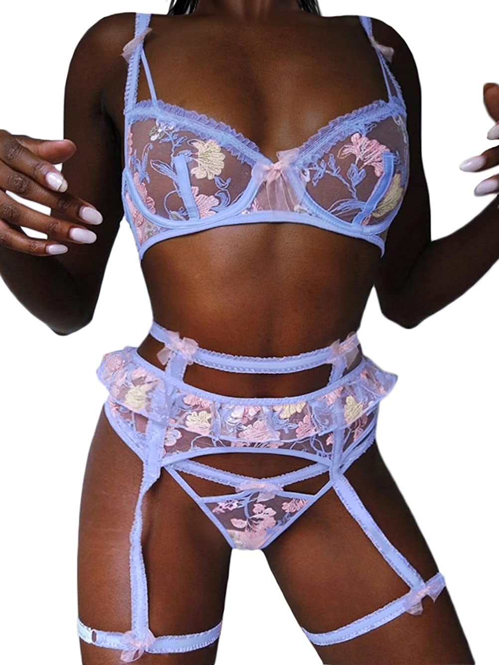 Price:$17.99 Floral Embroidered Sheer,Underwire Scrunchie Strap,G-String,3 Piece Lingerie at Amazon Women’s Clothing store