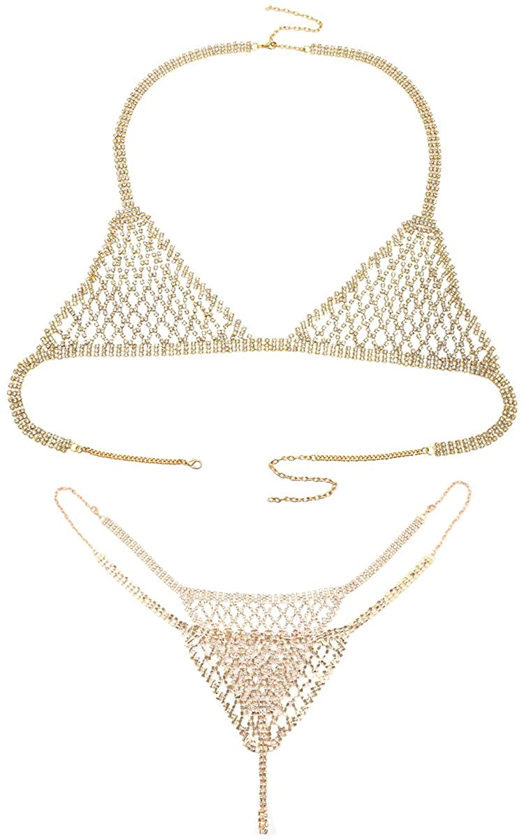 Price:$35.99 Sexy Statement Crystal Bikini Chain for Women Top Bra Brief (Golden): Clothing, Shoes & Jewelry