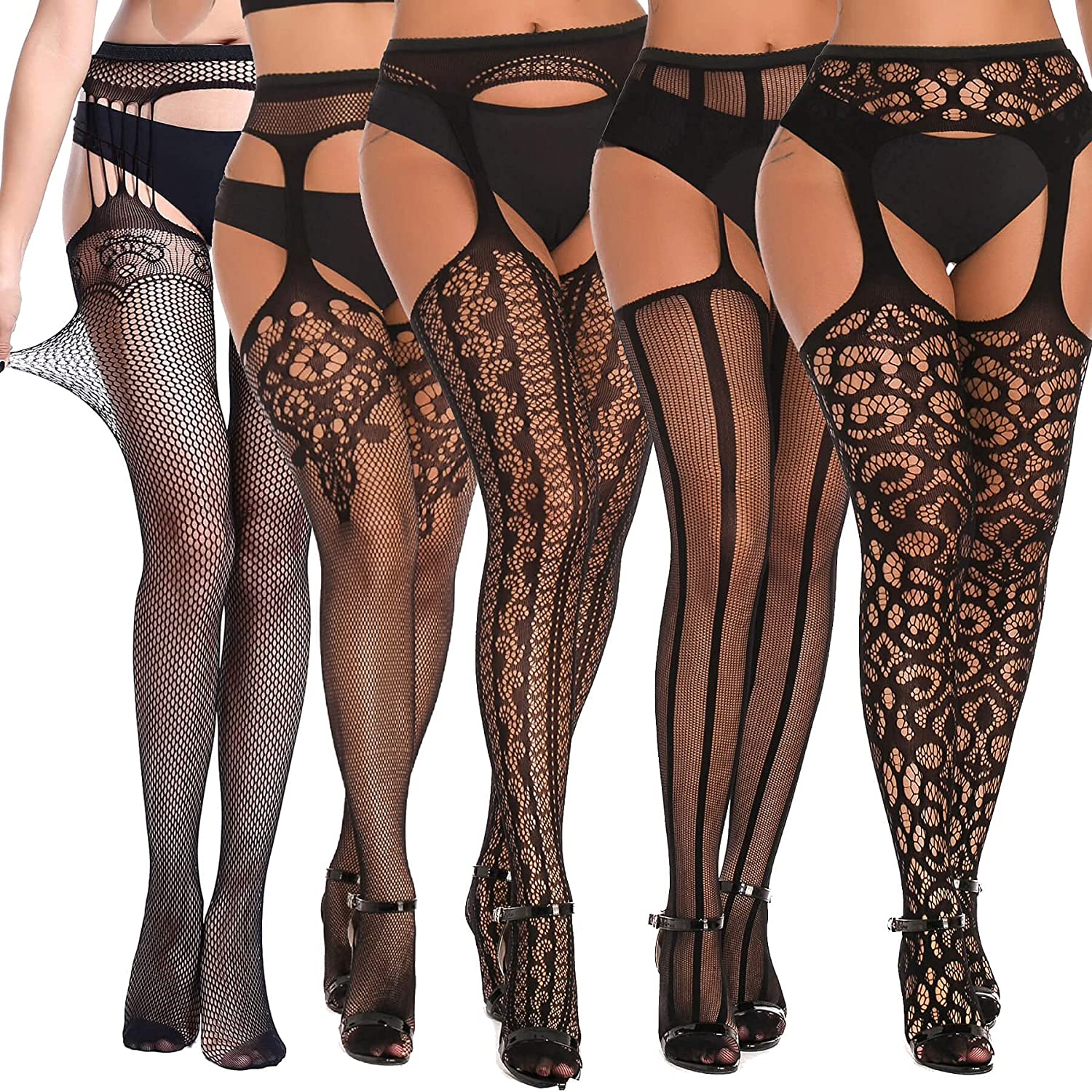 Price:$18.99 5 Pairs Women Lingerie Garter Belt Stocking Sexy Fishnet Thigh High Tights Suspender Pantyhose at Amazon Women’s Clothing store