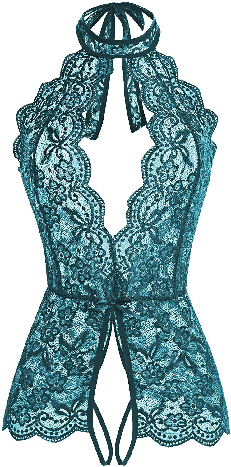 Price:$3.99 One Piece Lingerie Lace Baby Dolls Teddy Deep V Neck Halter Bodysuit Chemise Sleepwear at Amazon Women’s Clothing store