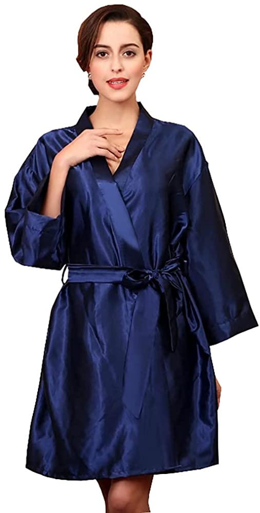 Price:$9.99 Lingerie Robe Satin Lace Trim Sexy Kimono Robes with Inside Ties-Pure Color Bridesmaids Nightgown Sleepwear (Navy Blue, L) at Amazon Women’s Clothing store