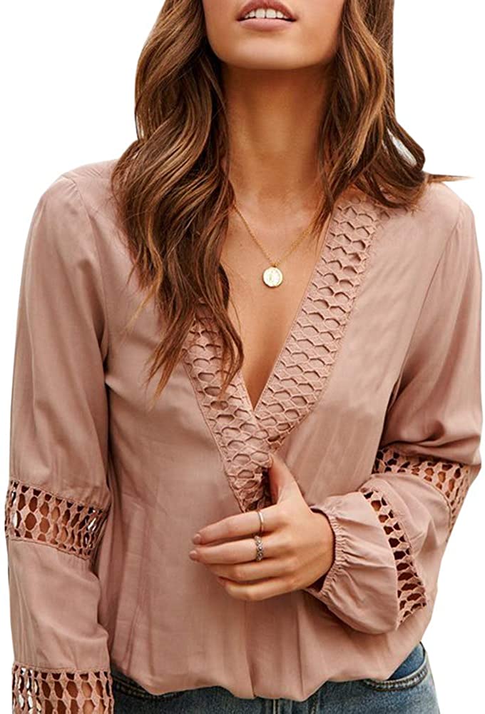 Price:$24.99 Womens V Neck Lantern Long Sleeve Blouse Hollow Out Casual Summer Shirts Tops at Amazon Women’s Clothing store