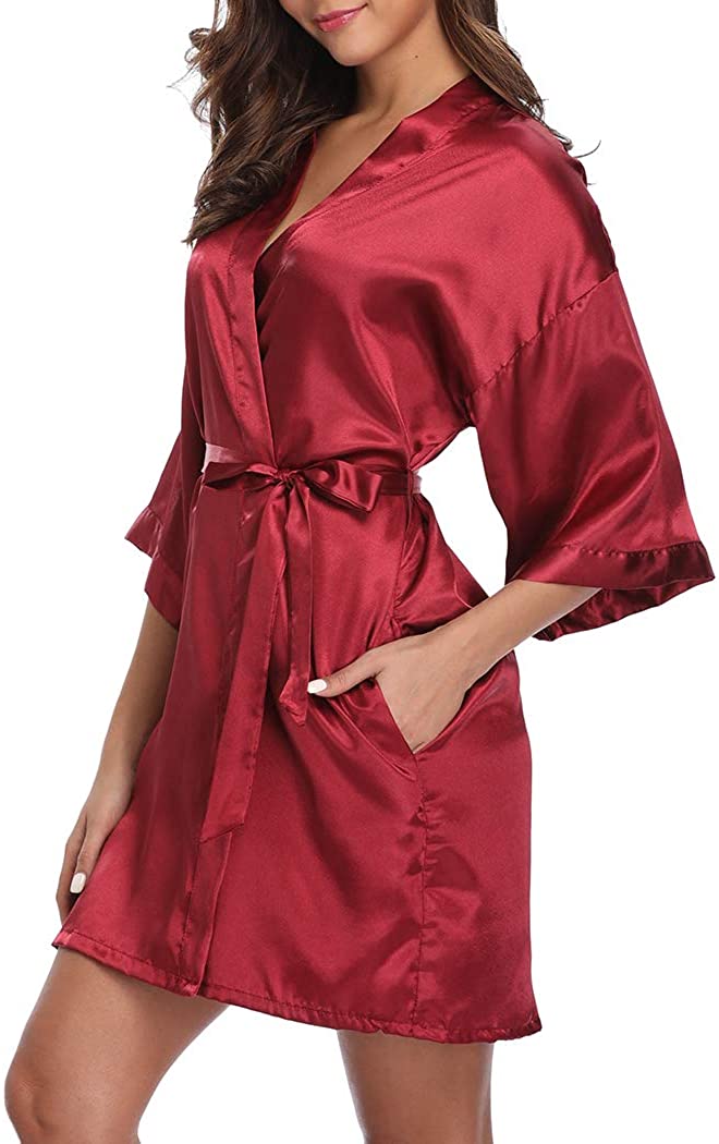 Price:$8.99 Short Robe for Women Bridesmaid Bride Silk Kimono Robe Dressing Gown for Wedding Party at Amazon Women’s Clothing store