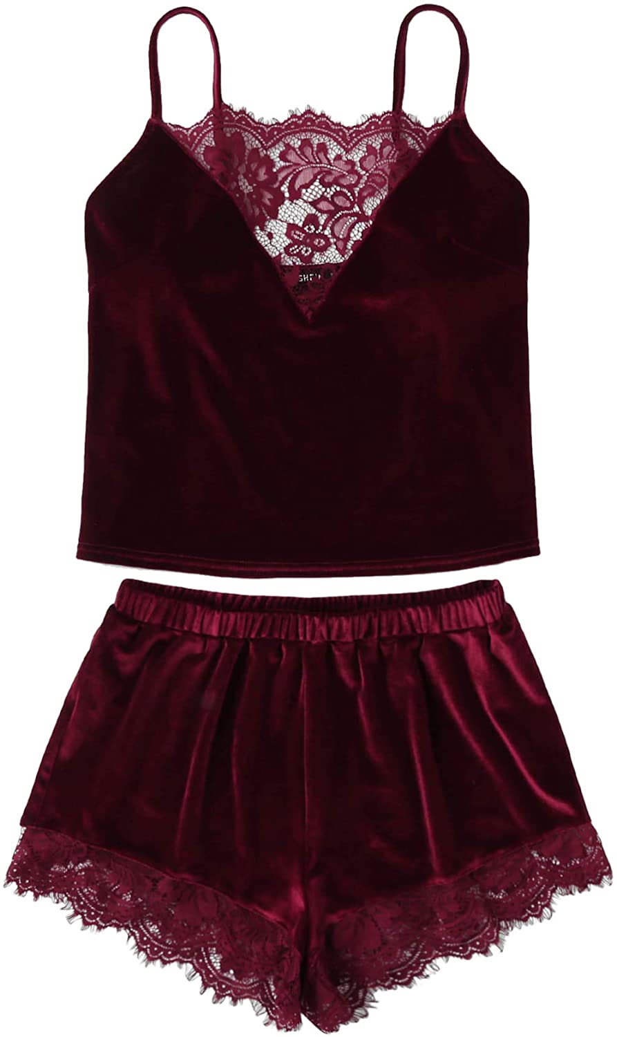 Price:$19.99 Women's Sexy Pajama Set Lace Trim Velvet Bralette and Shorts Sleepwear at Amazon Women’s Clothing store