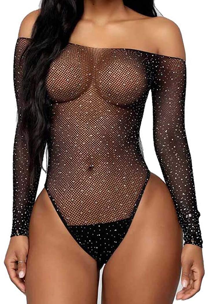 Price:$12.88 Rhinestone Mesh Teddy Fishnet Bikini Cover Up See Through Lingerie Nightclub Bodysuit Set for Women and Girls (Black B): Clothing, Shoes & Jewelry