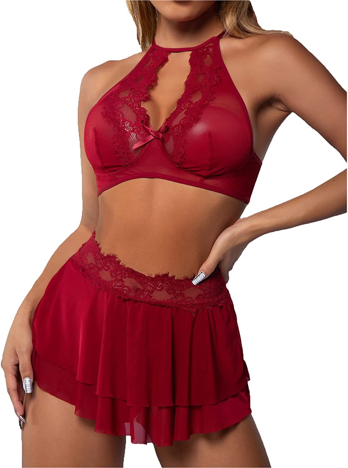 Price:$18.99 Women's Lingerie Set 3 Piece Lace Bralette with Mini Skirt G-String Sexy Babydoll Set: Clothing, Shoes & Jewelry