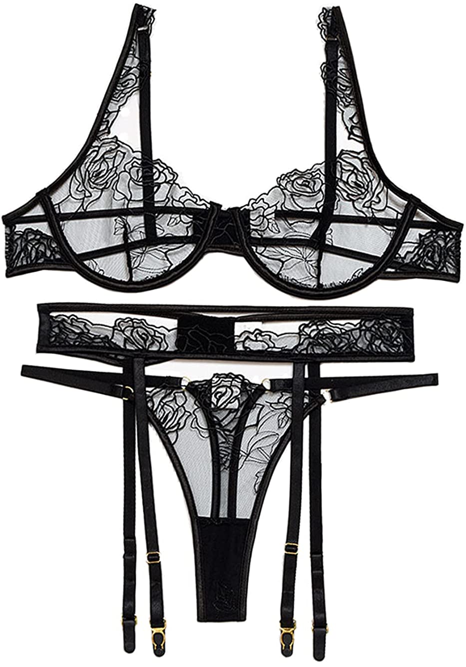 Price:$16.99 Floral Embroidered Mesh Sheer,Underwire Ruffle Sleeve,Garter Lingerie Set: Clothing, Shoes & Jewelry