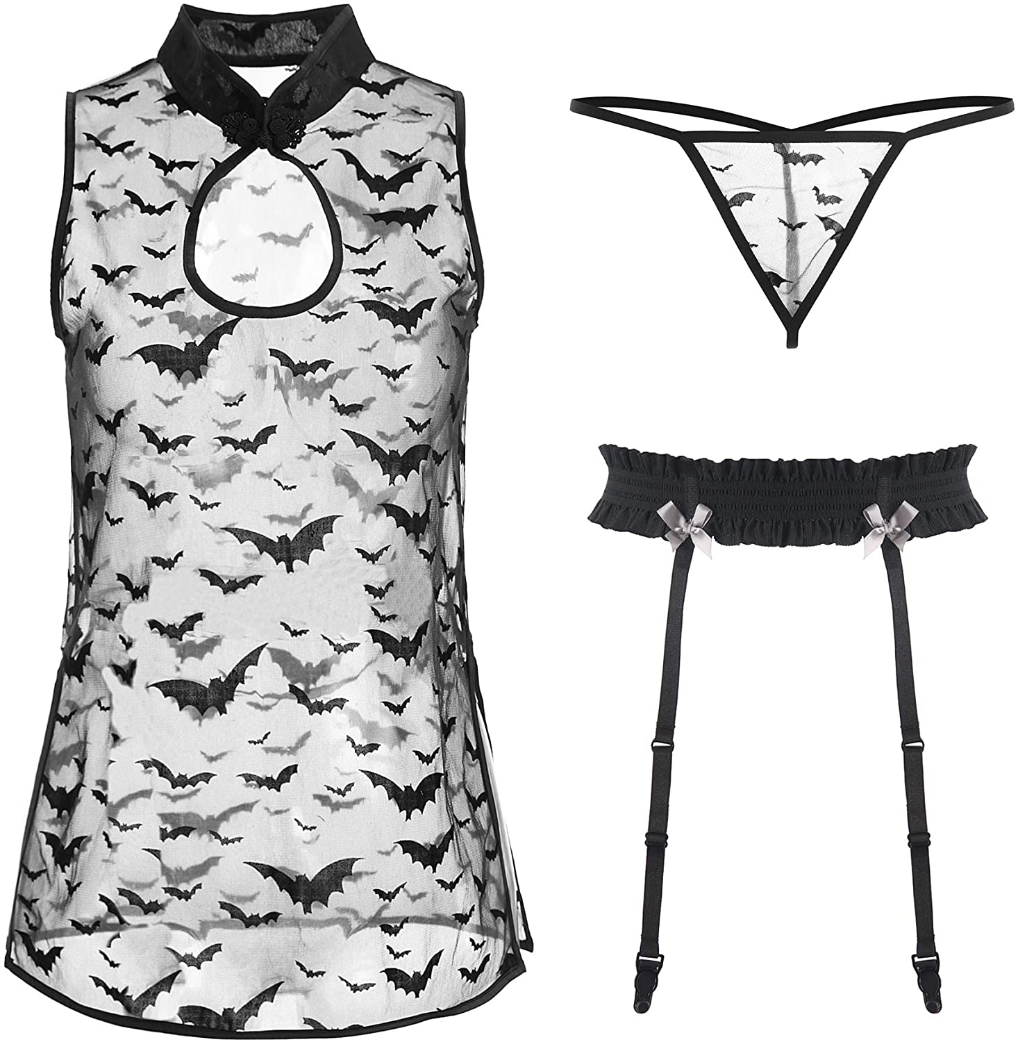 Price:$18.99 Cosplay Lingerie Mesh Cheongsam Anime Devil Bat Costume Halloween Goth Outfit See Through Mini Dress Garter Belt : Clothing, Shoes & Jewelry