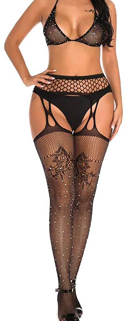 Price:$14.66 Glitter Fishnet Tights Stockings Mesh Rhinestone Bikini Bra Lingerie Nightclub Bodysuit Set for Women and Girls (style 1) at Amazon Women’s Clothing store