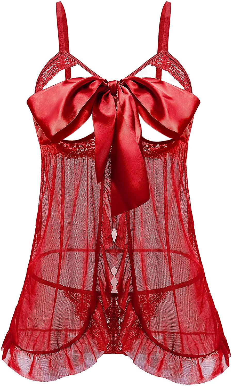 Price:$13.99 Women's Sexy Self Tie Cup Bow Lace Babydoll Open Front Mesh Sleepwear Lingerie with Thong at Amazon Women’s Clothing store