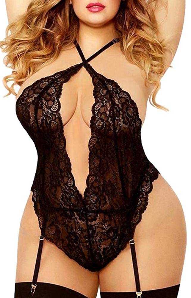 Price:$15.88 Size Lingerie for Women, Twisted Keyhole Opening High Criss-Cross Plunging Lace Trim Teddy: Clothing, Shoes & Jewelry