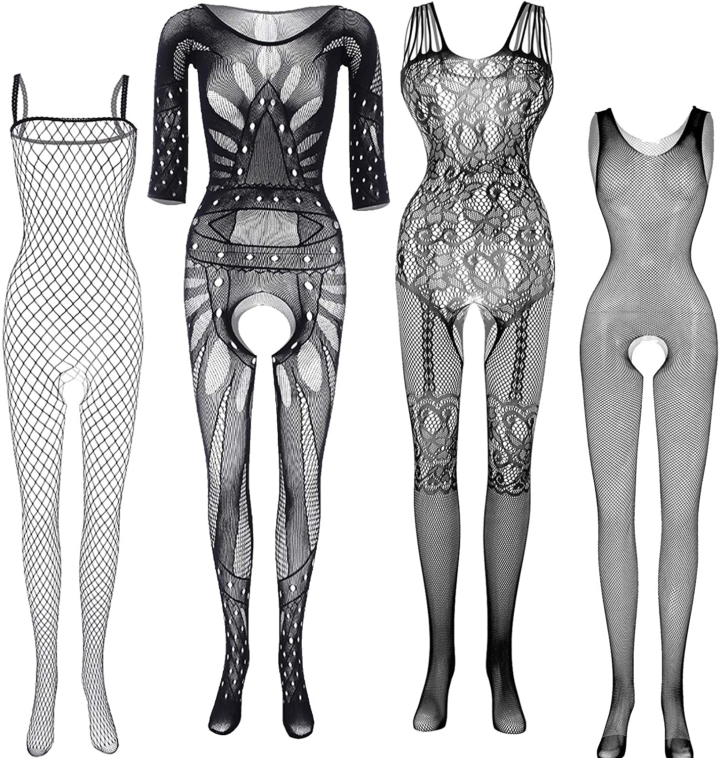 Price:$16.99 4pcs Fishnet Teddy Body Suit Lingerie for Women Sleeved Romper Jumpsuit Catsuit Sleepwear,Black Set : Clothing, Shoes & Jewelry