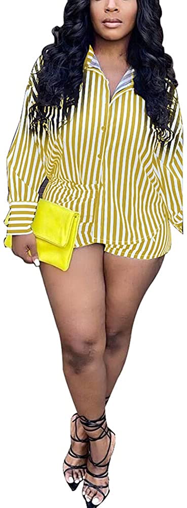 Price:$33.99 Sexy Two Piece Outfits Shirts Stripes Button Up Tops Biker Jogger Shorts Set Sportswear Activewear Tracksuit at Amazon Women’s Clothing store