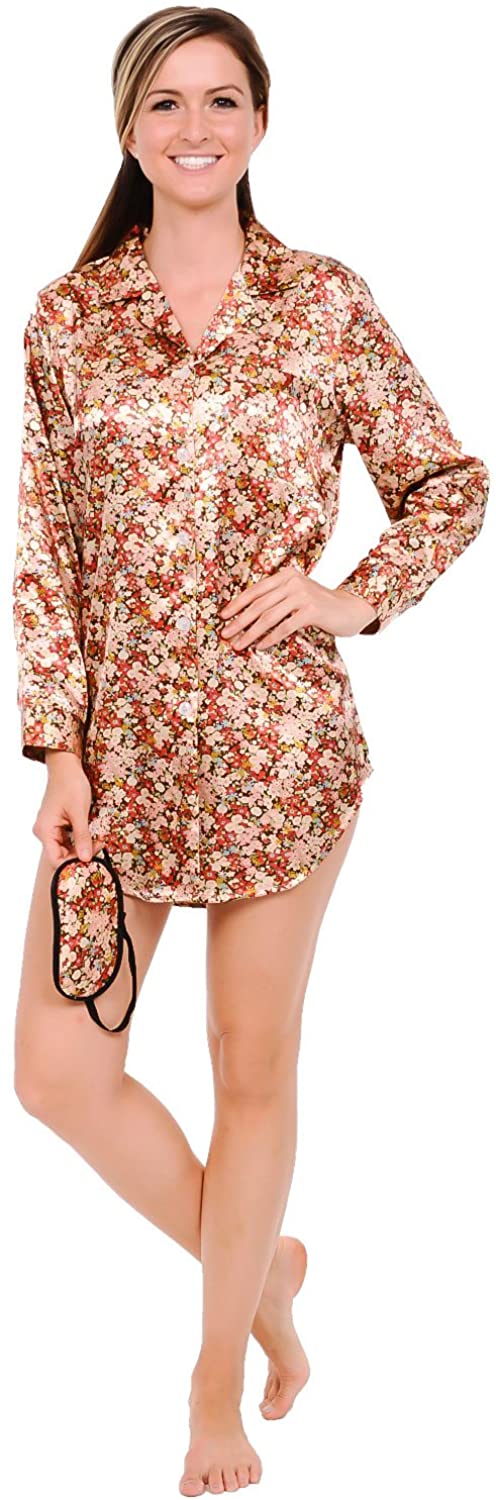 Price:$19.99 Rossa Womens Satin Printed Nightshirt, Boyfriend Style Sleepshirt with Mask at Amazon Women’s Clothing store