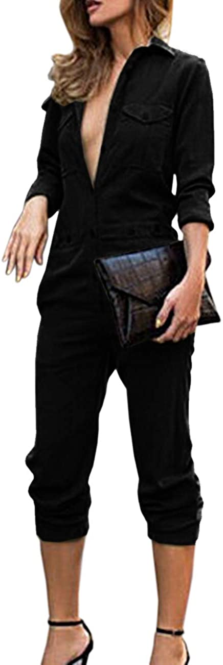 Price:$18.99 Women's Casual Long Sleeve Button Down Jumpsuit Romper Overalls : Clothing, Shoes & Jewelry