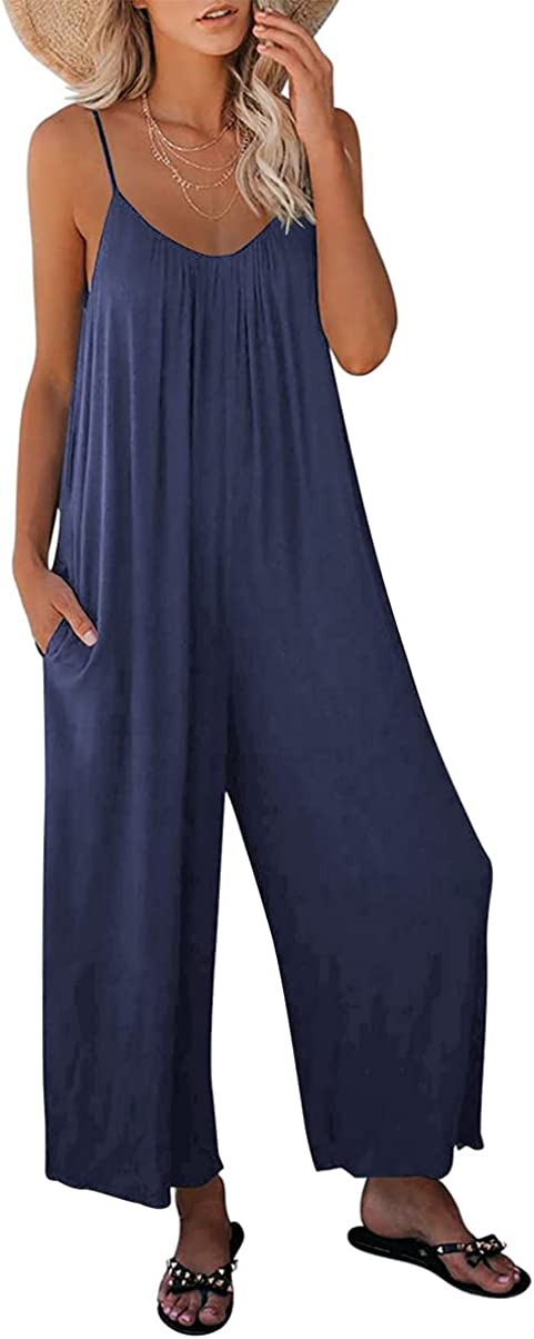 Price:$9.88 Womens Casual Sleeveless Strap Loose Adjustable Jumpsuits Stretchy Long Pants Romper with Pockets : Clothing, Shoes & Jewelry