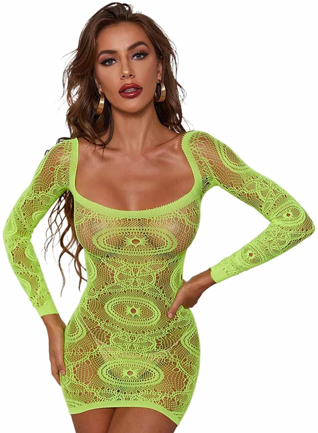 Price:$11.66 Seamless Fishnet Lingerie Green Lace Babydoll Long Sleeve Mesh Teddy Bodysuit Sexy Lingerie for Women at Amazon Women’s Clothing store