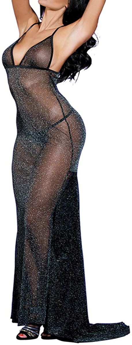 Price:$27.99 Sexy Sheer Black Shining Mesh Long Nightgown Deep-V Babydoll Dress for Women: Clothing, Shoes & Jewelry