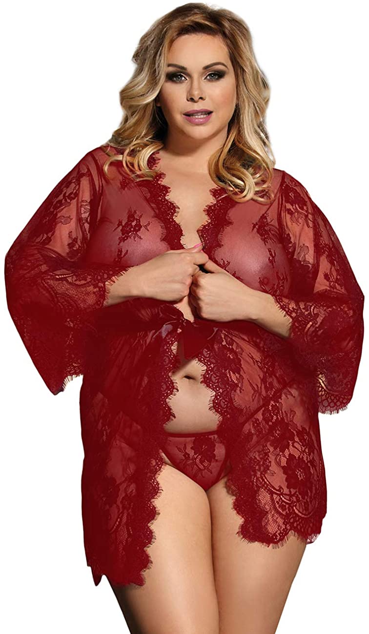 Price:$7.99 Women's Lace Kimono Robe Plus Size Babydoll Lingerie Mesh Nightgown at Amazon Women’s Clothing store
