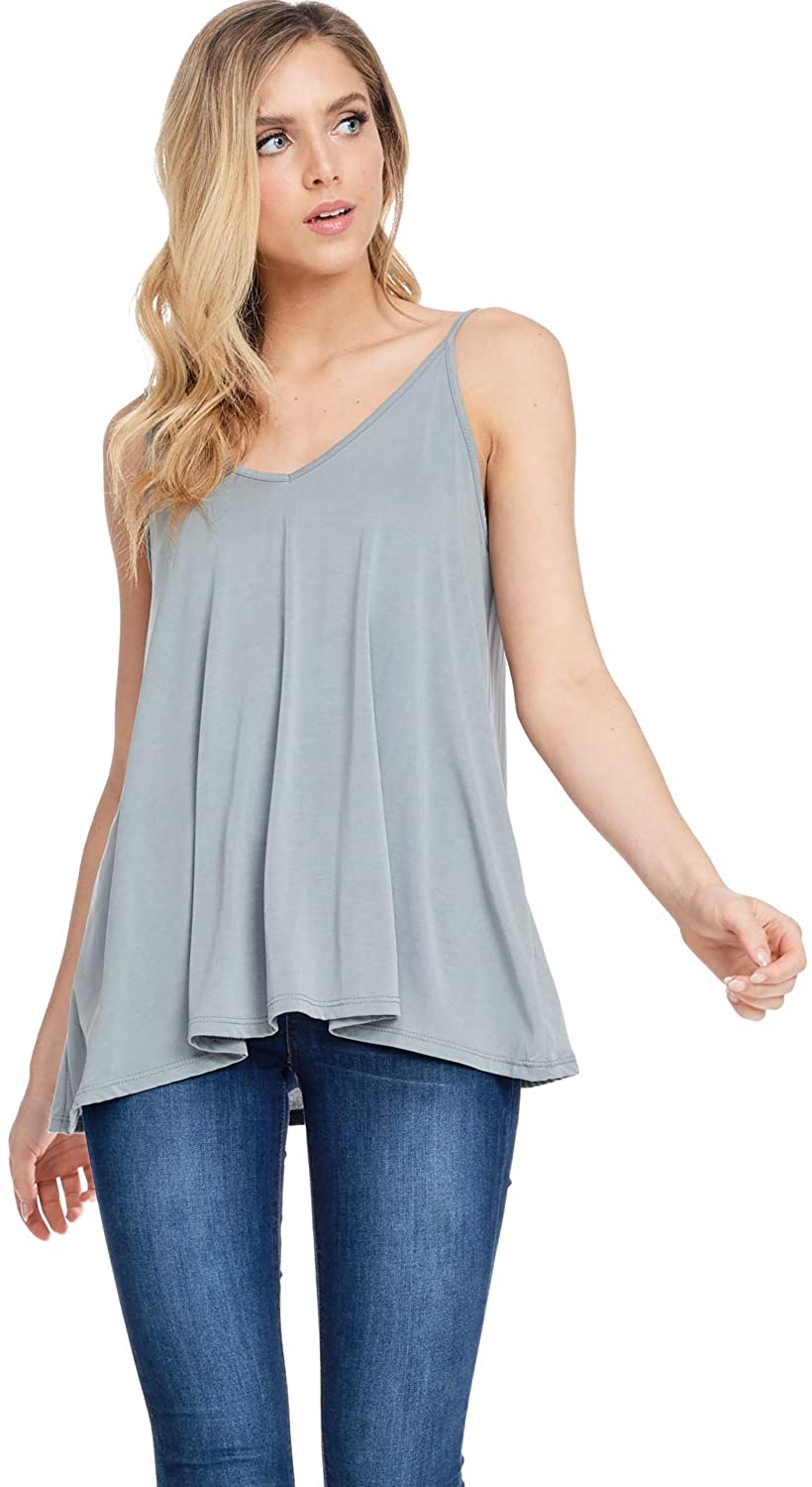 Price:$19.95 + David Womens Casual V-Neck Cupro Spaghetti Strap Open Back Loose Fit Flowy Tunic Top at Amazon Women’s Clothing store