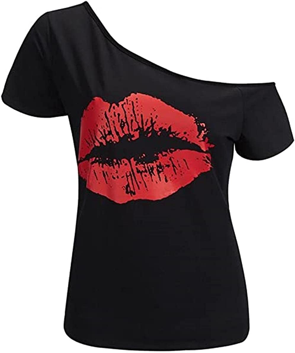 Price:$13.63 Women’s Short Lips Print Causal Off The Shoulder Plus Size T-Shirt Tops at Amazon Women’s Clothing store