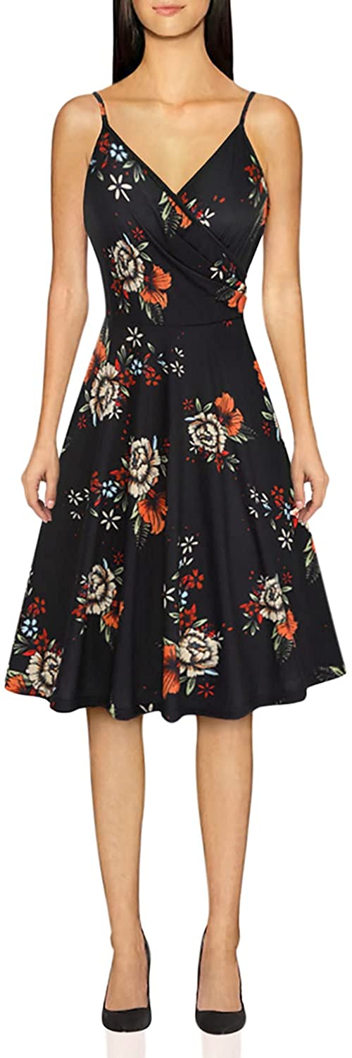 Price:$23.99 Women's V Neck Floral Spaghetti Strap Summer Casual Dress Sleeveless Wrap Midi Sundress with Pocket at Amazon Women’s Clothing store