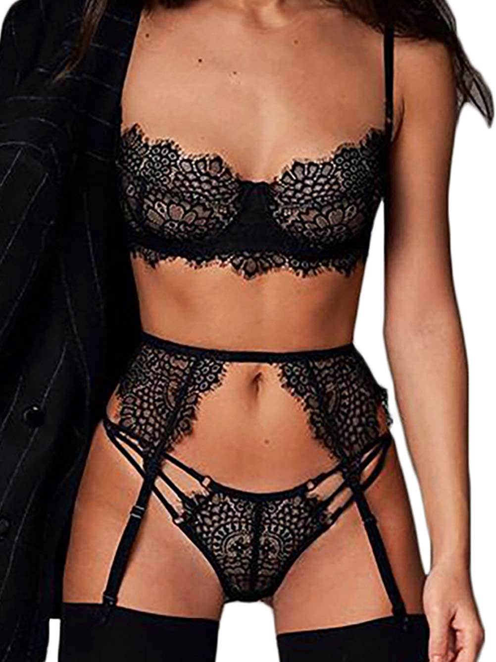 Price:$19.99 Garter Lingerie For Women,Eyelash Lace Sexy Lingerie Set,3 Piece Underwire Sheer Lingerie: Clothing, Shoes & Jewelry