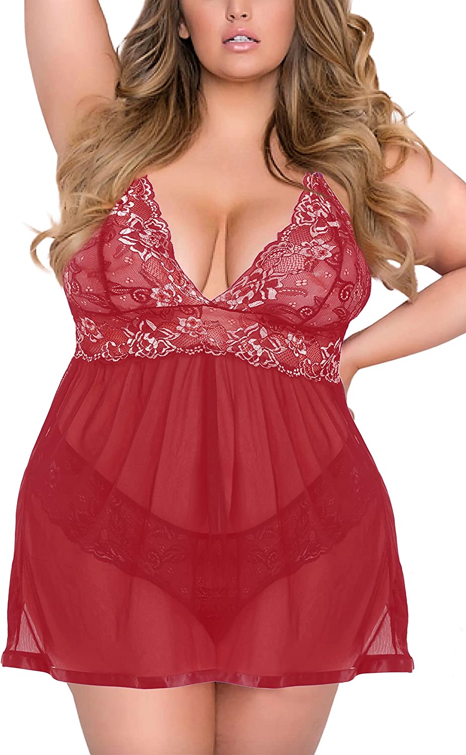 Price:$15.99 Open Back Lingerie Babydoll Lace Sleepwear Plus Size L-5XL at Amazon Women’s Clothing store