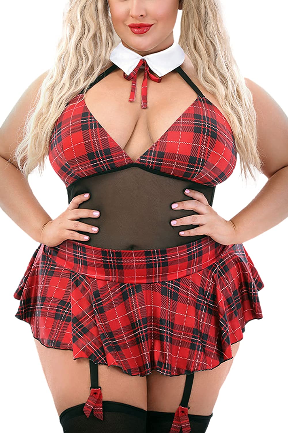 Price:$18.88 Plus Size Schoolgirl Lingerie Set Costume Roleplay Uniform Sexy Sheer Halter Teddy with Tie & Mini Skirt : Clothing, Shoes & Jewelry