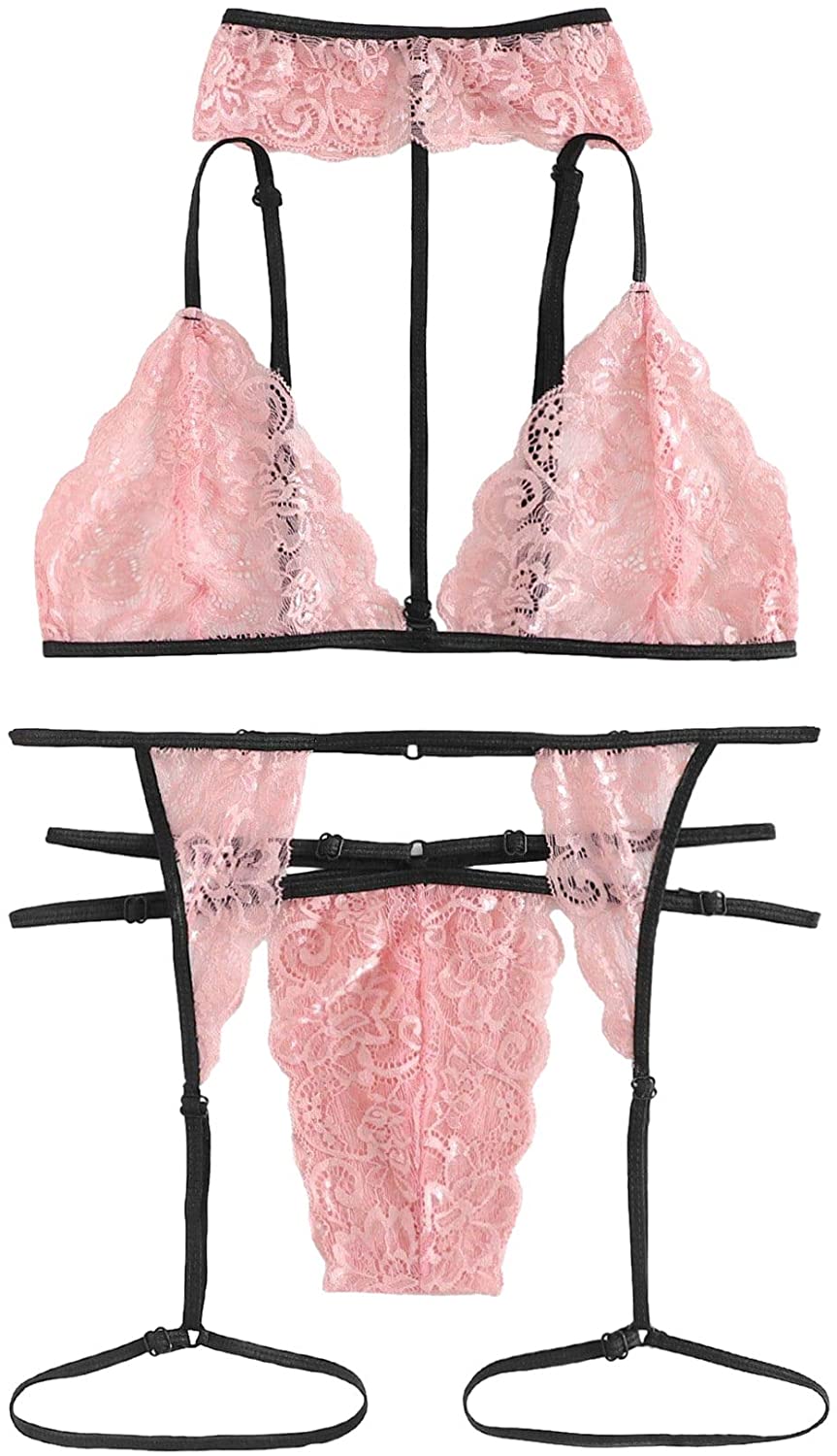 Price:$19.99 Women's 3 Pieces Floral Lace Choker Lingerie Set with Garter Sexy Bra and Panty: Clothing, Shoes & Jewelry