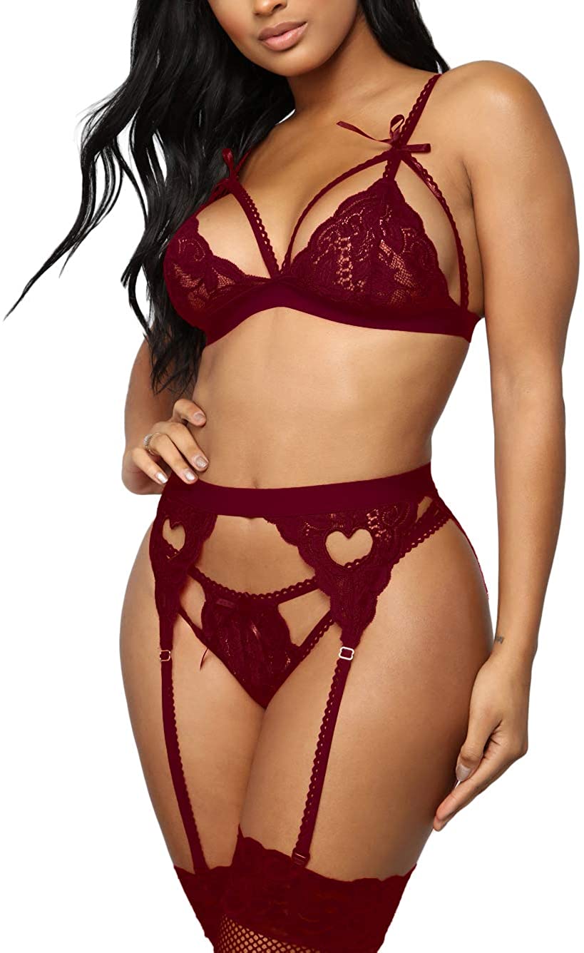 Price:$11.99 Sexy Lingerie for Women, Heart Lingerie Set with Garter Belt, Lace Bondage Lingerie Bra and Panty Sets: Clothing, Shoes & Jewelry