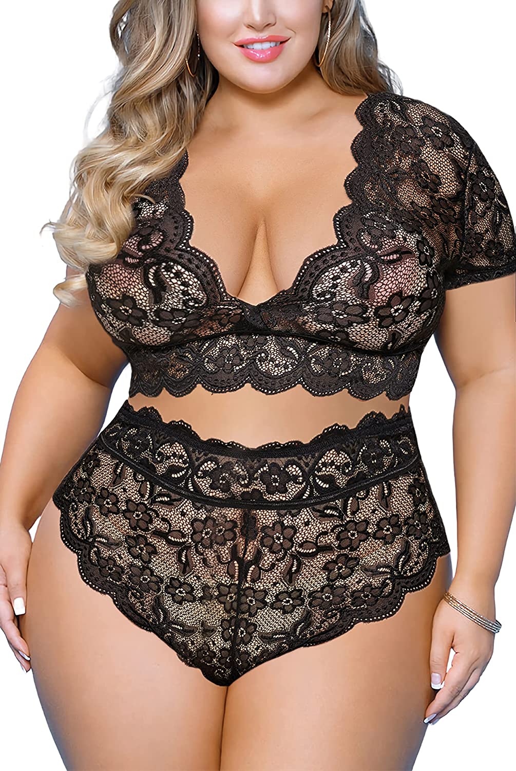 Price:$16.88 Size 2 Piece Lingerie Set for Women Sexy Deep V Allover Lace Bra and Panty High Waist Nightwear Clubwear: Clothing, Shoes & Jewelry