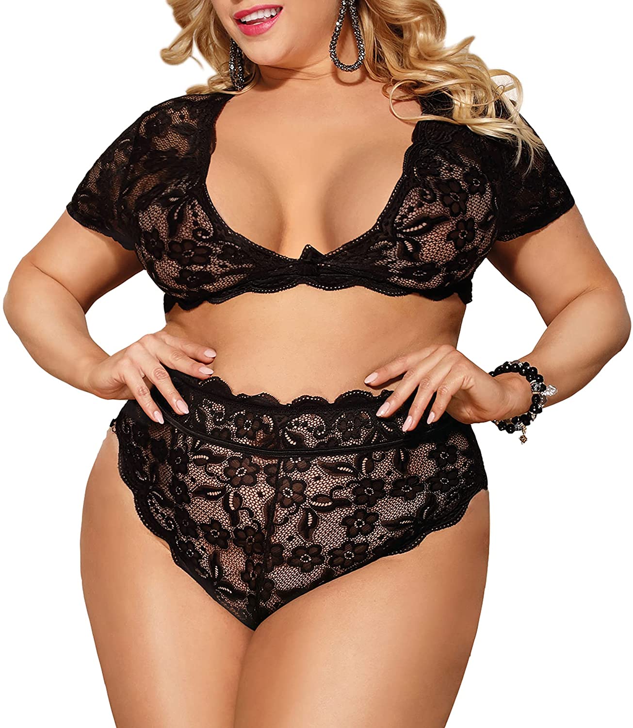 Price:$17.99 Piece Plus Size Lingerie for Women High Waist Lace Bra and Panty Set Deep V Short Sleeve Underwear Set: Clothing, Shoes & Jewelry