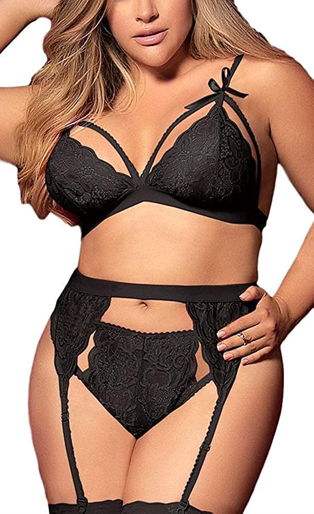 Price:$16.88 Plus Size Lingerie Set with Garter Belt 3 Piece Sexy Strap Bra and Panty Lace Bodysuit: Clothing, Shoes & Jewelry