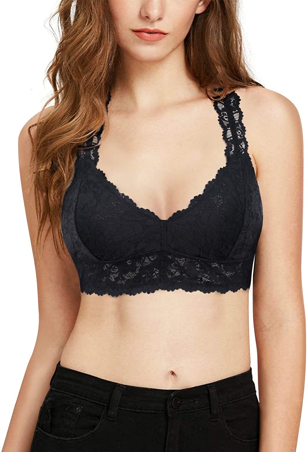Price:$15.98 Women Lace Racerback Bralette Padded Deep V Neck Crop Top Wireless Bra at Amazon Women’s Clothing store