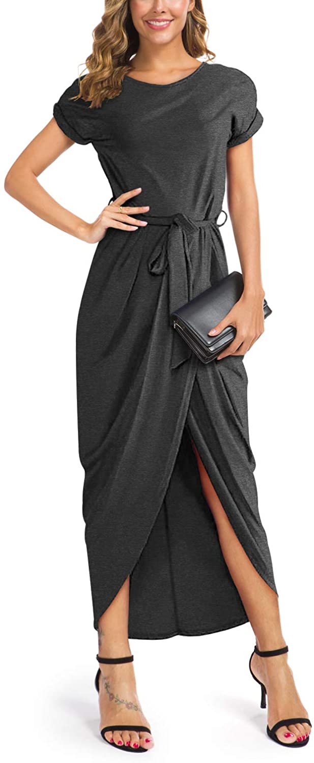 Price:$34.99 Women's Short Sleeve Summer Dresses Elastic Waist Slit Casual Long Maxi Dress with Belt at Amazon Women’s Clothing store