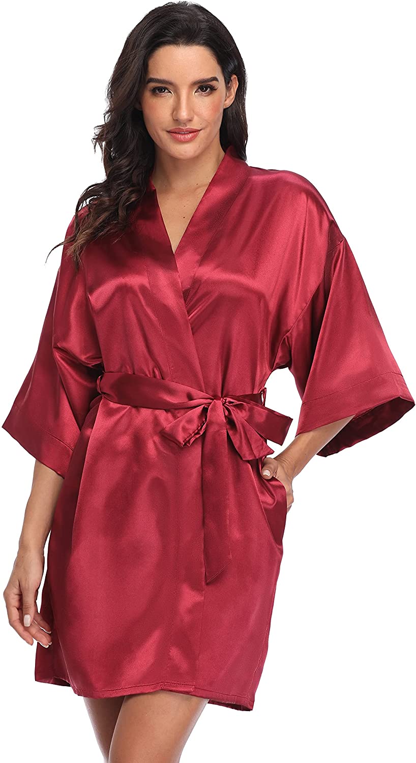 Price:$10.99 Satin Kimono Robes Silky Bathrobes Short Bridesmaid Wedding Party Dressing Gown at Amazon Women’s Clothing store