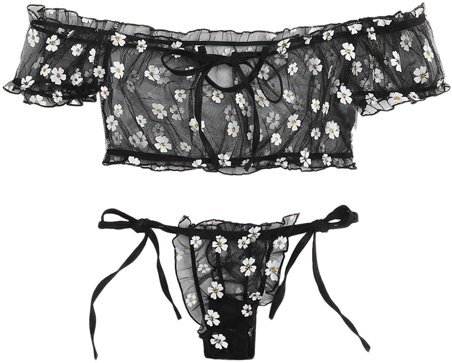 Price:$15.99 Women's Self Tie Frill Trim Floral Print Bardot Mesh Lingerie Set Sexy: Clothing, Shoes & Jewelry