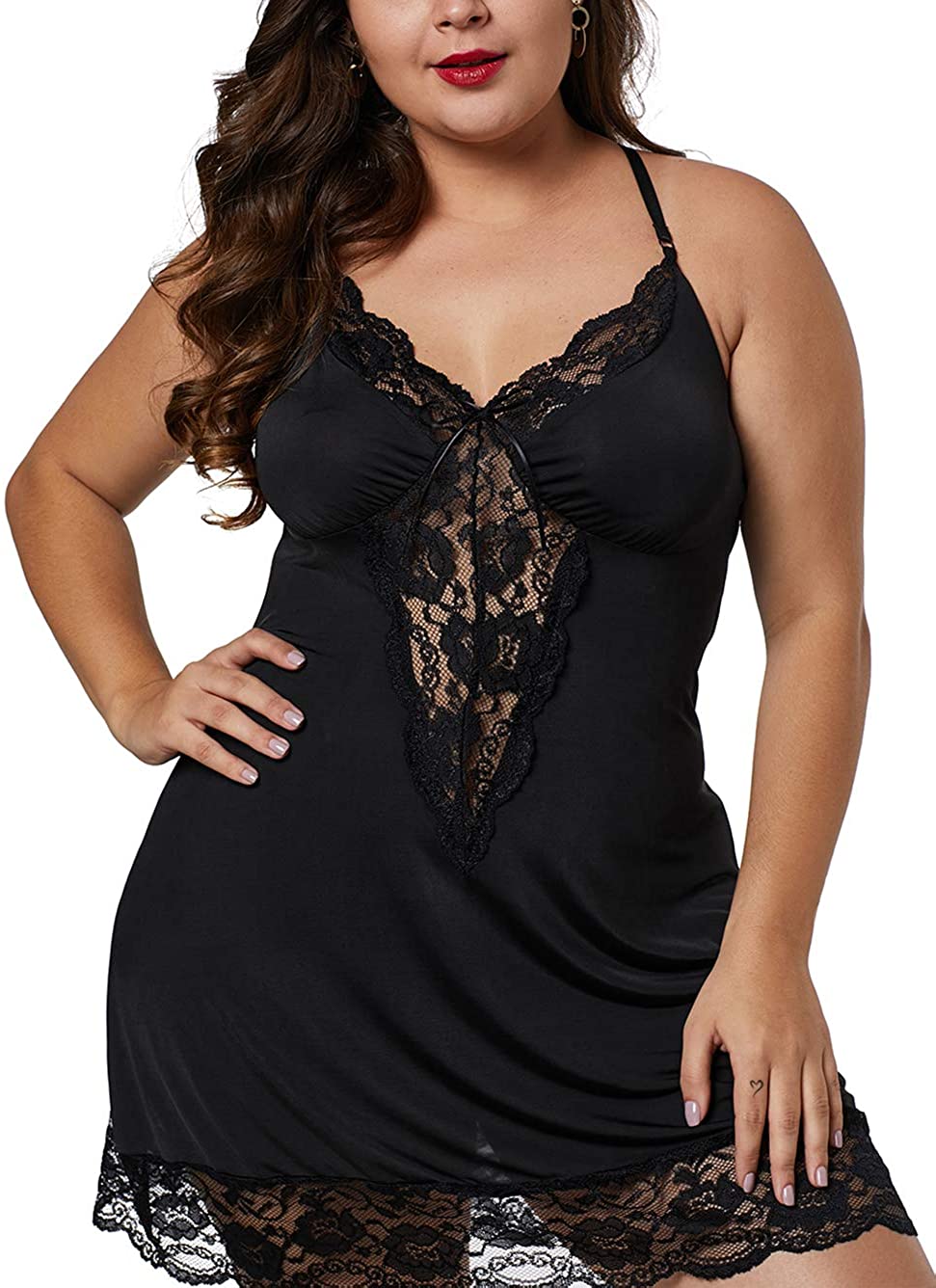 Price:$12.99 Women Sexy Lingerie Plus Size Sleepwear Lace Trim Bridal Babydoll Chemise Nightgown Sets XL-5XL at Amazon Women’s Clothing store